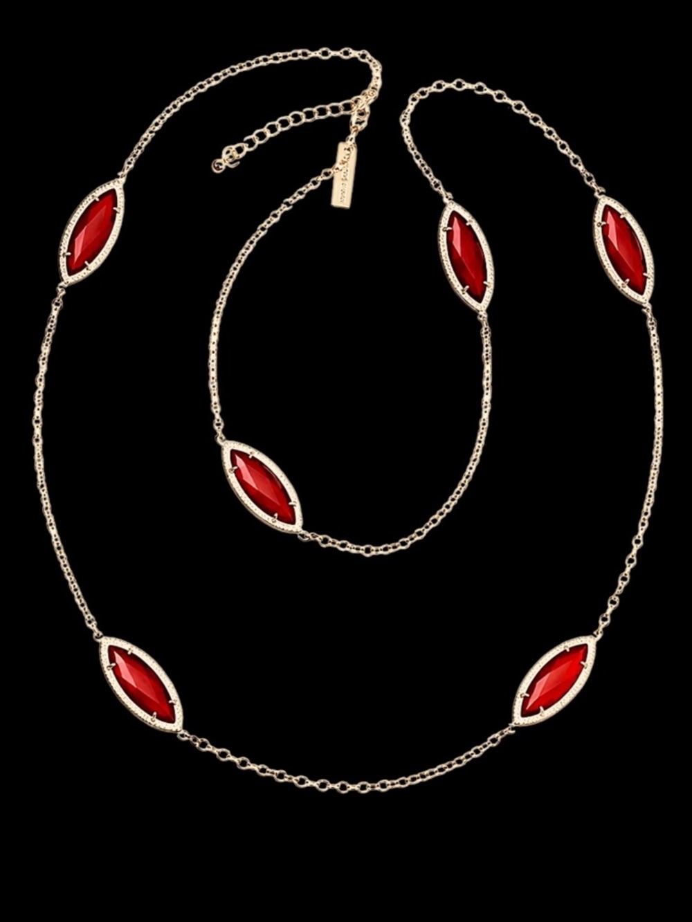 Kendra Scott Tory Marquis Station Long Gold Necklace with Translucent Red Stones